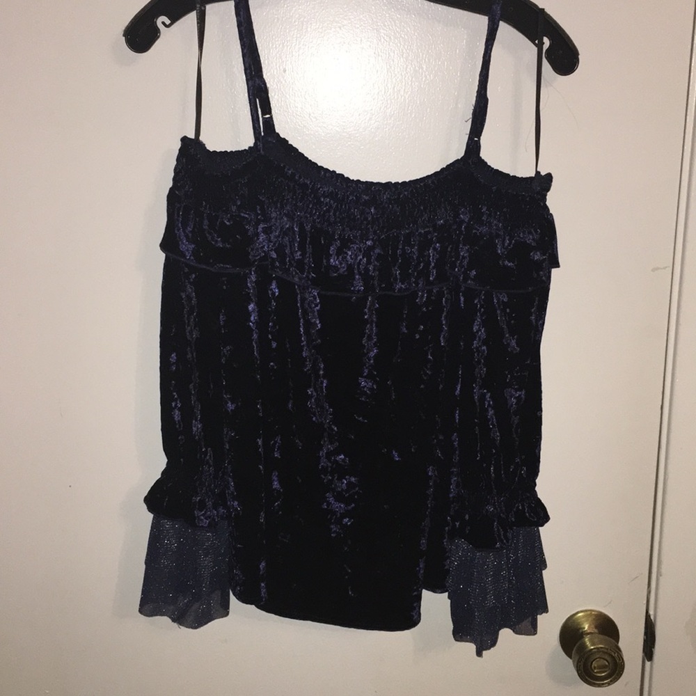 Deep blue velvet top. Off the shoulder. Large